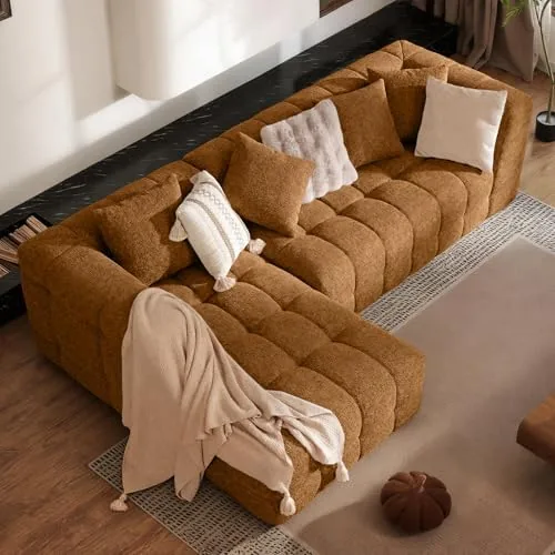 daluvenix 107 boneless couch with l shaped chaise modern chenille modular sectional sofa with tufted design comfy upholstered sofa no assembly sectional couch orange brown