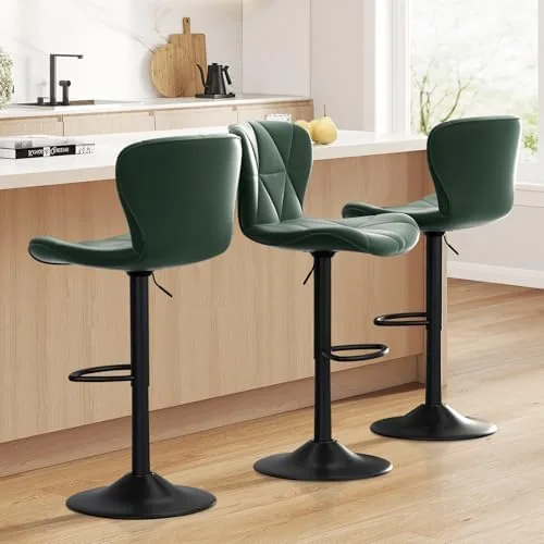 daluvenix bar stools set of 3adjustable swivel barstools faux leather bar chairsupholstered counter height with high backrest for kitchen island green