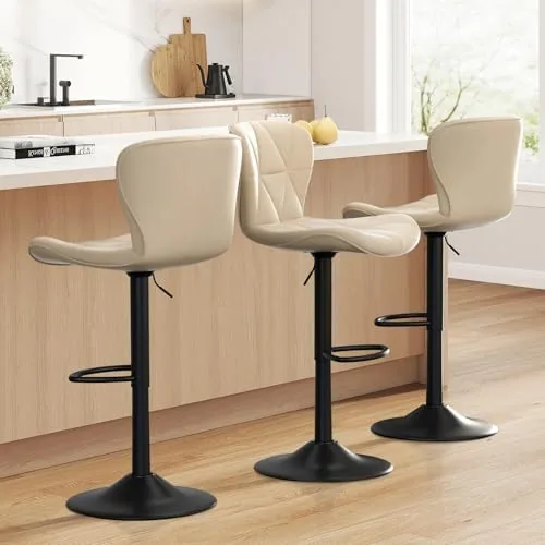 daluvenix bar stools set of 3adjustable swivel barstools faux leather bar chairsupholstered counter height with high backrest for kitchen island khaki