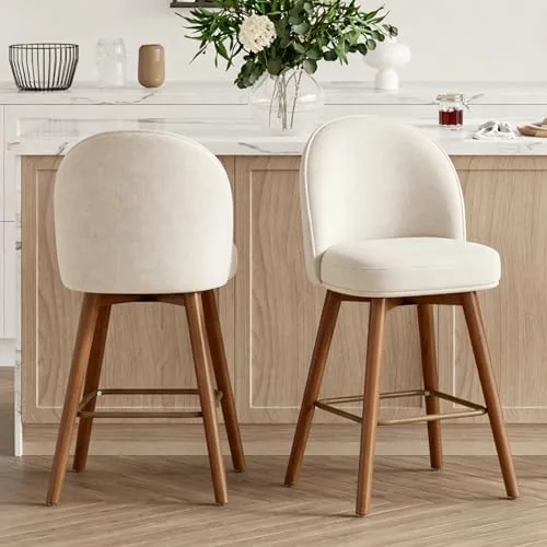 daluvenix modern swivel bar stools set of 2 chic upholstered counter height26in bar chair with back solid wood legs and footrest comfortable chenille bar stool for kitchen island cream white