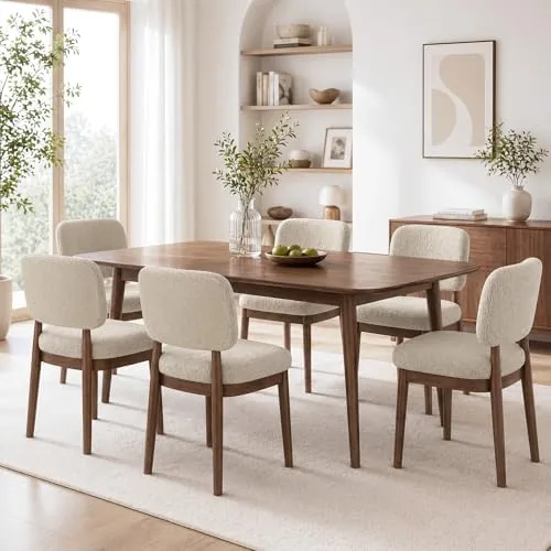 daluvenix wooden dining chairs set of 6 boucle upholstered kitchen chairs with solid wood legs mid century modern dining chairs farmhouse side chair with hardwood frame for dining room beige
